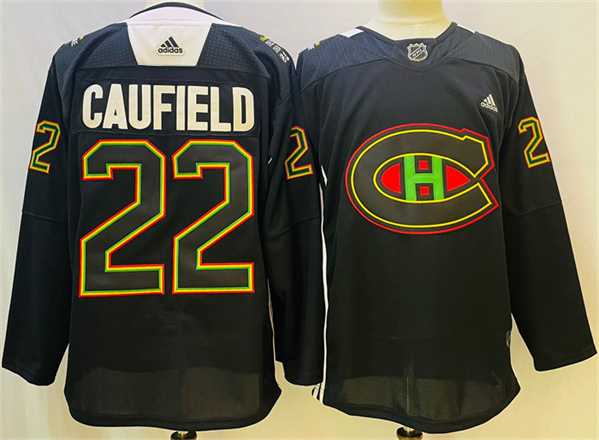 Mens Montreal Canadiens #22 Cole Caufield 2022 Black Warm Up History Night Stitched Jersey